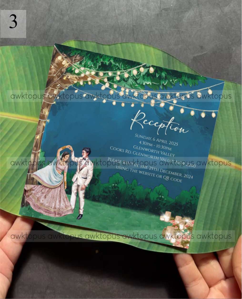 Wedding reception invitation card with couple illustration and greenery