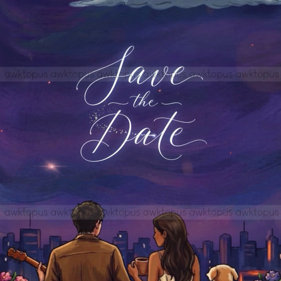 Couple sitting on a rooftop with a dog, under a night sky with 'Save the Date' text.