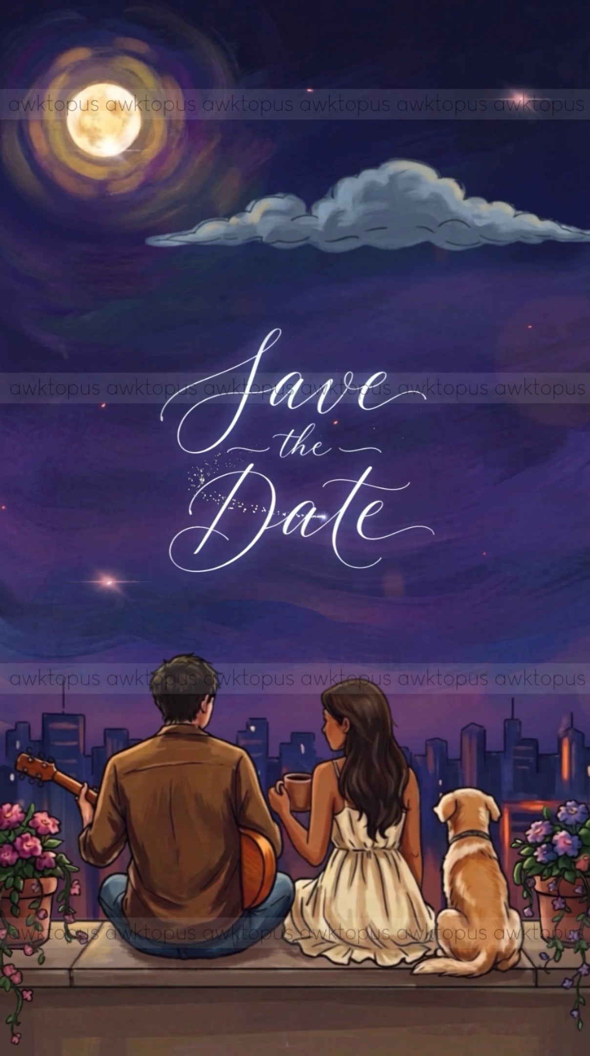 Couple sitting on a rooftop with a dog, under a night sky with 'Save the Date' text.